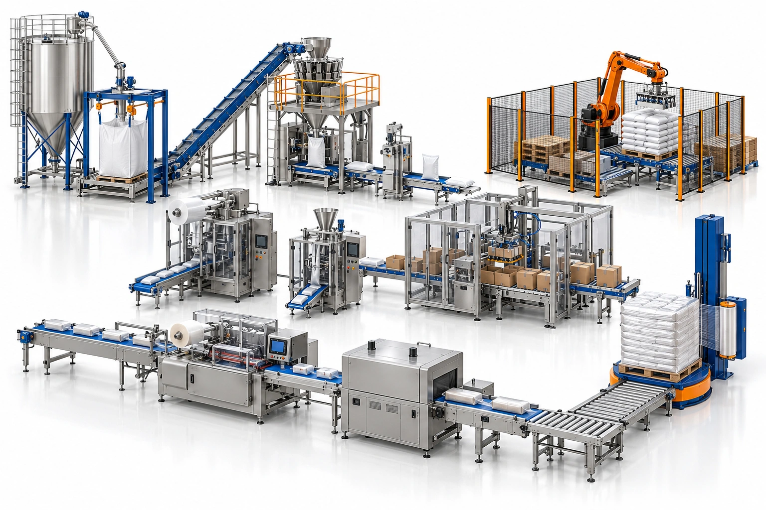 Illustrative packaging plant with conveying, bagging, case packing, palletizing and wrapping stations